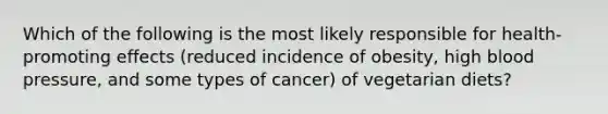 Which of the following is the most likely responsible for health-promoting effects (reduced incidence of obesity, high blood pressure, and some types of cancer) of vegetarian diets?