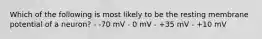 Which of the following is most likely to be the resting membrane potential of a neuron? - -70 mV - 0 mV - +35 mV - +10 mV