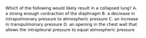 Which of the following would likely result in a collapsed lung? A. a strong enough contraction of the diaphragm B. a decrease in intrapulmonary pressure to atmospheric pressure C. an increase in transpulmonary pressure D. an opening in the chest wall that allows the intrapleural pressure to equal atmospheric pressure