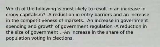 Which of the following is most likely to result in an increase in crony capitalism? -A reduction in entry barriers and an increase in the competitiveness of markets. -An increase in government spending and growth of government regulation -A reduction in the size of government . -An increase in the share of the population voting in clections.