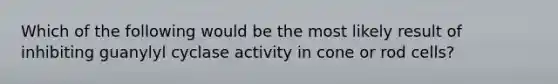 Which of the following would be the most likely result of inhibiting guanylyl cyclase activity in cone or rod cells?
