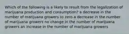 Which of the following is a likely to result from the legalization of marijuana production and consumption? a decrease in the number of marijuana growers to zero a decrease in the number of marijuana growers no change in the number of marijuana growers an increase in the number of marijuana growers