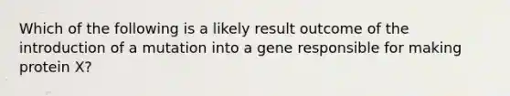 Which of the following is a likely result outcome of the introduction of a mutation into a gene responsible for making protein X?