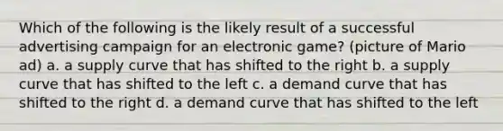 Which of the following is the likely result of a successful advertising campaign for an electronic game? (picture of Mario ad) a. a supply curve that has shifted to the right b. a supply curve that has shifted to the left c. a demand curve that has shifted to the right d. a demand curve that has shifted to the left