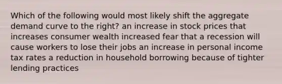 Which of the following would most likely shift the aggregate demand curve to the right? an increase in stock prices that increases consumer wealth increased fear that a recession will cause workers to lose their jobs an increase in personal income tax rates a reduction in household borrowing because of tighter lending practices