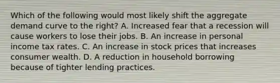 Which of the following would most likely shift the aggregate demand curve to the right? A. Increased fear that a recession will cause workers to lose their jobs. B. An increase in personal income tax rates. C. An increase in stock prices that increases consumer wealth. D. A reduction in household borrowing because of tighter lending practices.