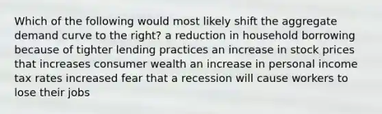 Which of the following would most likely shift the aggregate demand curve to the right? a reduction in household borrowing because of tighter lending practices an increase in stock prices that increases consumer wealth an increase in personal income tax rates increased fear that a recession will cause workers to lose their jobs