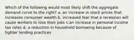 Which of the following would most likely shift the aggregate demand curve to the right? a. an increase in stock prices that increases consumer wealth b. increased fear that a recession will cause workers to lose their jobs c.an increase in personal income tax rates d. a reduction in household borrowing because of tighter lending practices