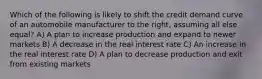 Which of the following is likely to shift the credit demand curve of an automobile manufacturer to the right, assuming all else equal? A) A plan to increase production and expand to newer markets B) A decrease in the real interest rate C) An increase in the real interest rate D) A plan to decrease production and exit from existing markets