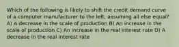 Which of the following is likely to shift the credit demand curve of a computer manufacturer to the left, assuming all else equal? A) A decrease in the scale of production B) An increase in the scale of production C) An increase in the real interest rate D) A decrease in the real interest rate