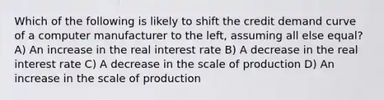 Which of the following is likely to shift the credit demand curve of a computer manufacturer to the left, assuming all else equal? A) An increase in the real interest rate B) A decrease in the real interest rate C) A decrease in the scale of production D) An increase in the scale of production