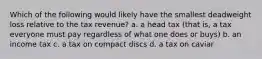 Which of the following would likely have the smallest deadweight loss relative to the tax revenue? a. a head tax (that is, a tax everyone must pay regardless of what one does or buys) b. an income tax c. a tax on compact discs d. a tax on caviar