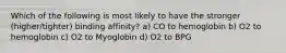 Which of the following is most likely to have the stronger (higher/tighter) binding affinity? a) CO to hemoglobin b) O2 to hemoglobin c) O2 to Myoglobin d) O2 to BPG