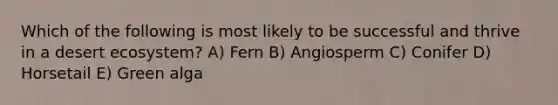 Which of the following is most likely to be successful and thrive in a desert ecosystem? A) Fern B) Angiosperm C) Conifer D) Horsetail E) Green alga