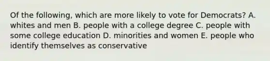 Of the following, which are more likely to vote for Democrats? A. whites and men B. people with a college degree C. people with some college education D. minorities and women E. people who identify themselves as conservative