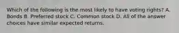 Which of the following is the most likely to have voting rights? A. Bonds B. Preferred stock C. Common stock D. All of the answer choices have similar expected returns.