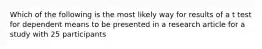 Which of the following is the most likely way for results of a t test for dependent means to be presented in a research article for a study with 25 participants