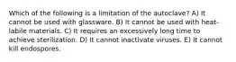 Which of the following is a limitation of the autoclave? A) It cannot be used with glassware. B) It cannot be used with heat- labile materials. C) It requires an excessively long time to achieve sterilization. D) It cannot inactivate viruses. E) It cannot kill endospores.