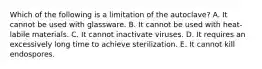 Which of the following is a limitation of the autoclave? A. It cannot be used with glassware. B. It cannot be used with heat-labile materials. C. It cannot inactivate viruses. D. It requires an excessively long time to achieve sterilization. E. It cannot kill endospores.