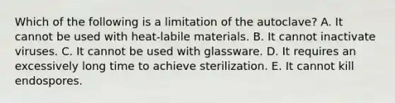 Which of the following is a limitation of the autoclave? A. It cannot be used with heat-labile materials. B. It cannot inactivate viruses. C. It cannot be used with glassware. D. It requires an excessively long time to achieve sterilization. E. It cannot kill endospores.