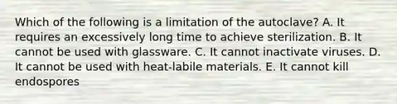 Which of the following is a limitation of the autoclave? A. It requires an excessively long time to achieve sterilization. B. It cannot be used with glassware. C. It cannot inactivate viruses. D. It cannot be used with heat-labile materials. E. It cannot kill endospores