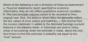 Which of the following is not a limitation of financial statements? a. Financial statements report quantitative economic information; they do not reflect qualitative economic variables. b. The cost principle requires assets to be recorded at their original cost; thus, the balance sheet does not generally reflect the fair values of most assets and liabilities. c. Net income from the income statement is added to the Retained Earnings account balance in the balance sheet. d. Estimates are used in many areas of accounting; when the estimate is made, about the only fact known is that the estimate is probably not equal to the "true" amount.