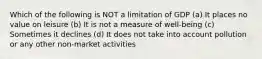 Which of the following is NOT a limitation of GDP (a) It places no value on leisure (b) It is not a measure of well-being (c) Sometimes it declines (d) It does not take into account pollution or any other non-market activities