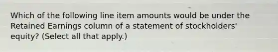 Which of the following line item amounts would be under the Retained Earnings column of a statement of stockholders' equity? (Select all that apply.)