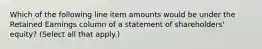 Which of the following line item amounts would be under the Retained Earnings column of a statement of shareholders' equity? (Select all that apply.)