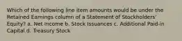 Which of the following line item amounts would be under the Retained Earnings column of a Statement of Stockholders' Equity? a. Net Income b. Stock Issuances c. Additional Paid-in Capital d. Treasury Stock