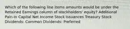 Which of the following line items amounts would be under the Retained Earnings column of stockholders' equity? Additional Pain-In Capital Net Income Stock Issuances Treasury Stock Dividends: Common Dividends: Preferred