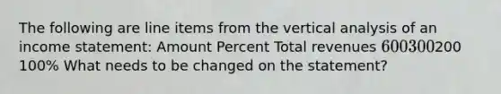 The following are line items from the vertical analysis of an income statement: Amount Percent Total revenues 600 300% Total expenses 400 200 Net income200 100% What needs to be changed on the statement?