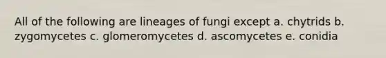 All of the following are lineages of fungi except a. chytrids b. zygomycetes c. glomeromycetes d. ascomycetes e. conidia