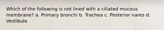 Which of the following is not lined with a ciliated mucous membrane? a. Primary bronchi b. Trachea c. Posterior nares d. Vestibule