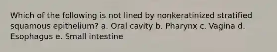 Which of the following is not lined by nonkeratinized stratified squamous epithelium? a. Oral cavity b. Pharynx c. Vagina d. Esophagus e. Small intestine