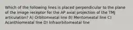 Which of the following lines is placed perpendicular to the plane of the image receptor for the AP axial projection of the TMJ articulation? A) Orbitomeatal line B) Mentomeatal line C) Acanthiomeatal line D) Infraorbitomeatal line