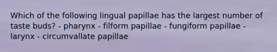 Which of the following lingual papillae has the largest number of taste buds? - pharynx - filform papillae - fungiform papillae - larynx - circumvallate papillae