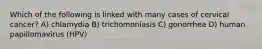 Which of the following is linked with many cases of cervical cancer? A) chlamydia B) trichomoniasis C) gonorrhea D) human papillomavirus (HPV)