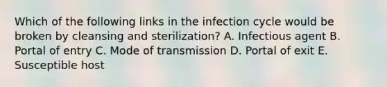 Which of the following links in the infection cycle would be broken by cleansing and sterilization? A. Infectious agent B. Portal of entry C. Mode of transmission D. Portal of exit E. Susceptible host