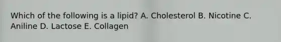 Which of the following is a lipid? A. Cholesterol B. Nicotine C. Aniline D. Lactose E. Collagen