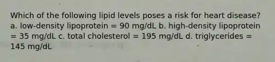 Which of the following lipid levels poses a risk for heart disease? a. low-density lipoprotein = 90 mg/dL b. high-density lipoprotein = 35 mg/dL c. total cholesterol = 195 mg/dL d. triglycerides = 145 mg/dL