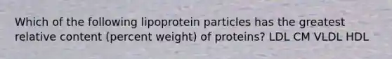 Which of the following lipoprotein particles has the greatest relative content (percent weight) of proteins? LDL CM VLDL HDL