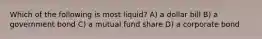 Which of the following is most liquid? A) a dollar bill B) a government bond C) a mutual fund share D) a corporate bond