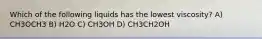 Which of the following liquids has the lowest viscosity? A) CH3OCH3 B) H2O C) CH3OH D) CH3CH2OH