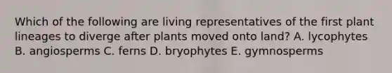 Which of the following are living representatives of the first plant lineages to diverge after plants moved onto land? A. lycophytes B. angiosperms C. ferns D. bryophytes E. gymnosperms