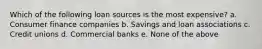 Which of the following loan sources is the most expensive? a. Consumer finance companies b. Savings and loan associations c. Credit unions d. Commercial banks e. None of the above