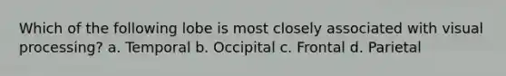 Which of the following lobe is most closely associated with visual processing? a. Temporal b. Occipital c. Frontal d. Parietal