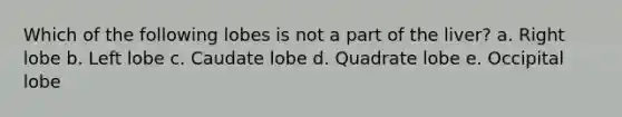 Which of the following lobes is not a part of the liver? a. Right lobe b. Left lobe c. Caudate lobe d. Quadrate lobe e. Occipital lobe