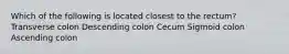 Which of the following is located closest to the rectum? Transverse colon Descending colon Cecum Sigmoid colon Ascending colon