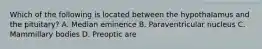 Which of the following is located between the hypothalamus and the pituitary? A. Median eminence B. Paraventricular nucleus C. Mammillary bodies D. Preoptic are